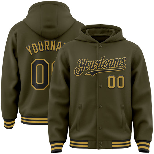 Custom Olive Black-Old Gold Bomber Full-Snap Varsity Letterman Salute To Service Hoodie Jacket - Main View