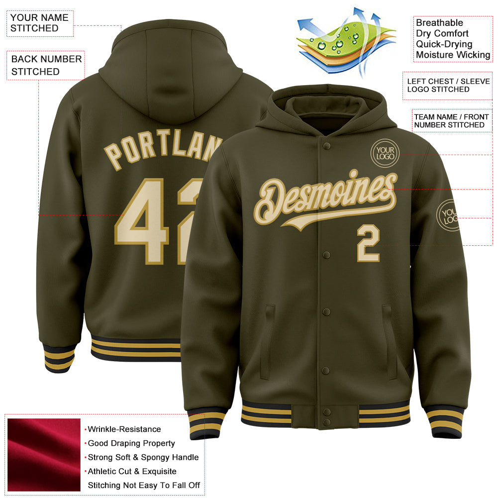 Custom Olive Cream Old Gold-Black Bomber Full-Snap Varsity Letterman Salute To Service Hoodie Jacket view 3