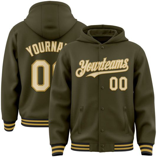 Custom Olive Cream Old Gold-Black Bomber Full-Snap Varsity Letterman Salute To Service Hoodie Jacket - Main View