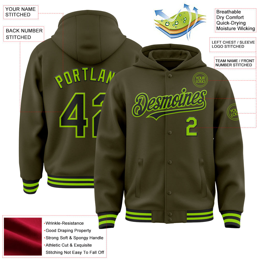 Custom Olive Black-Neon Green Bomber Full-Snap Varsity Letterman Salute To Service Hoodie Jacket view 3