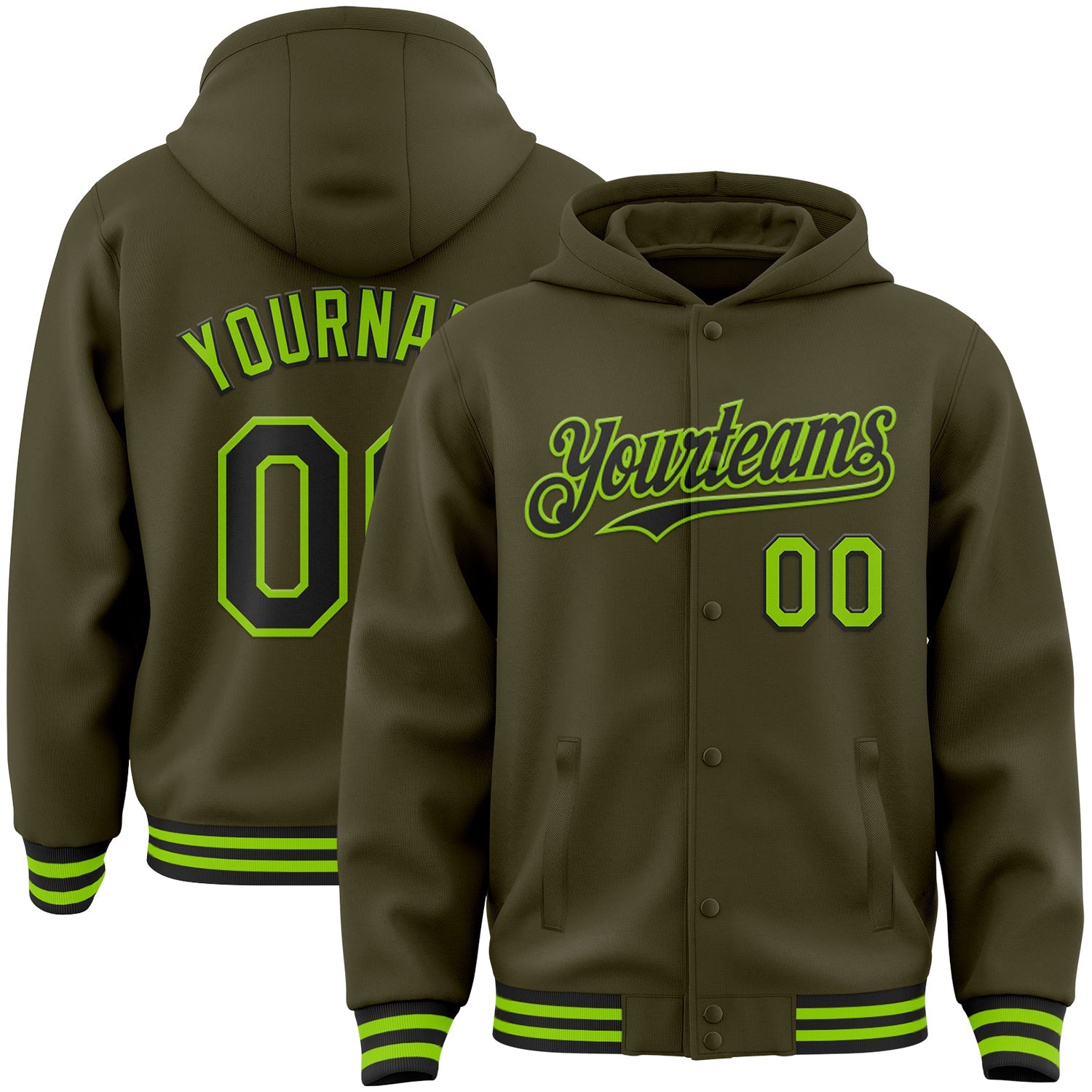 Custom Olive Black-Neon Green Bomber Full-Snap Varsity Letterman Salute To Service Hoodie Jacket - Main View