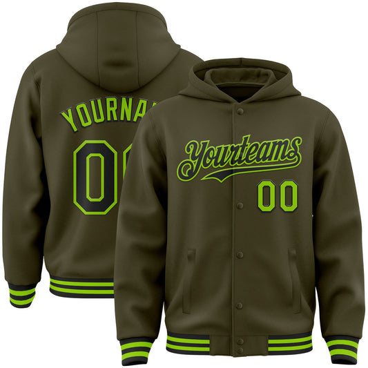 Custom Olive Black-Neon Green Bomber Full-Snap Varsity Letterman Salute To Service Hoodie Jacket - Main View