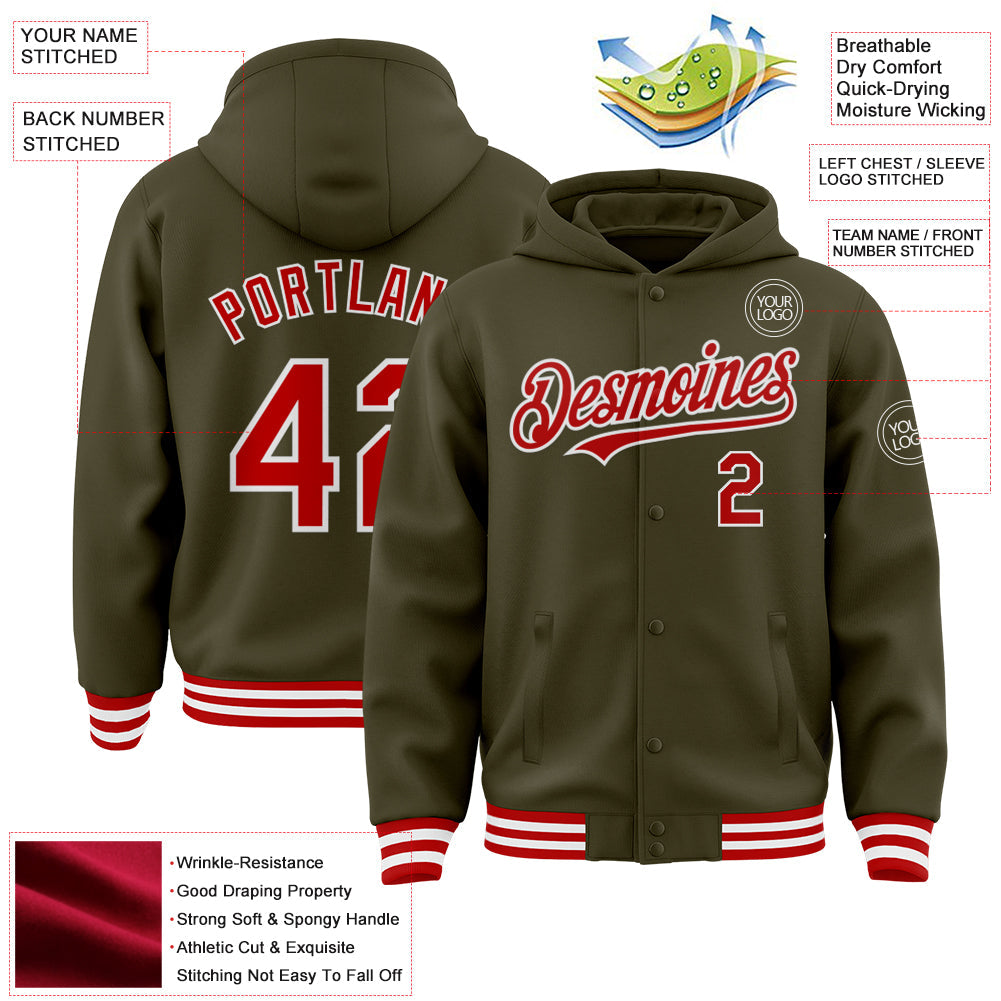 Custom Olive Red-White Bomber Full-Snap Varsity Letterman Salute To Service Hoodie Jacket view 3