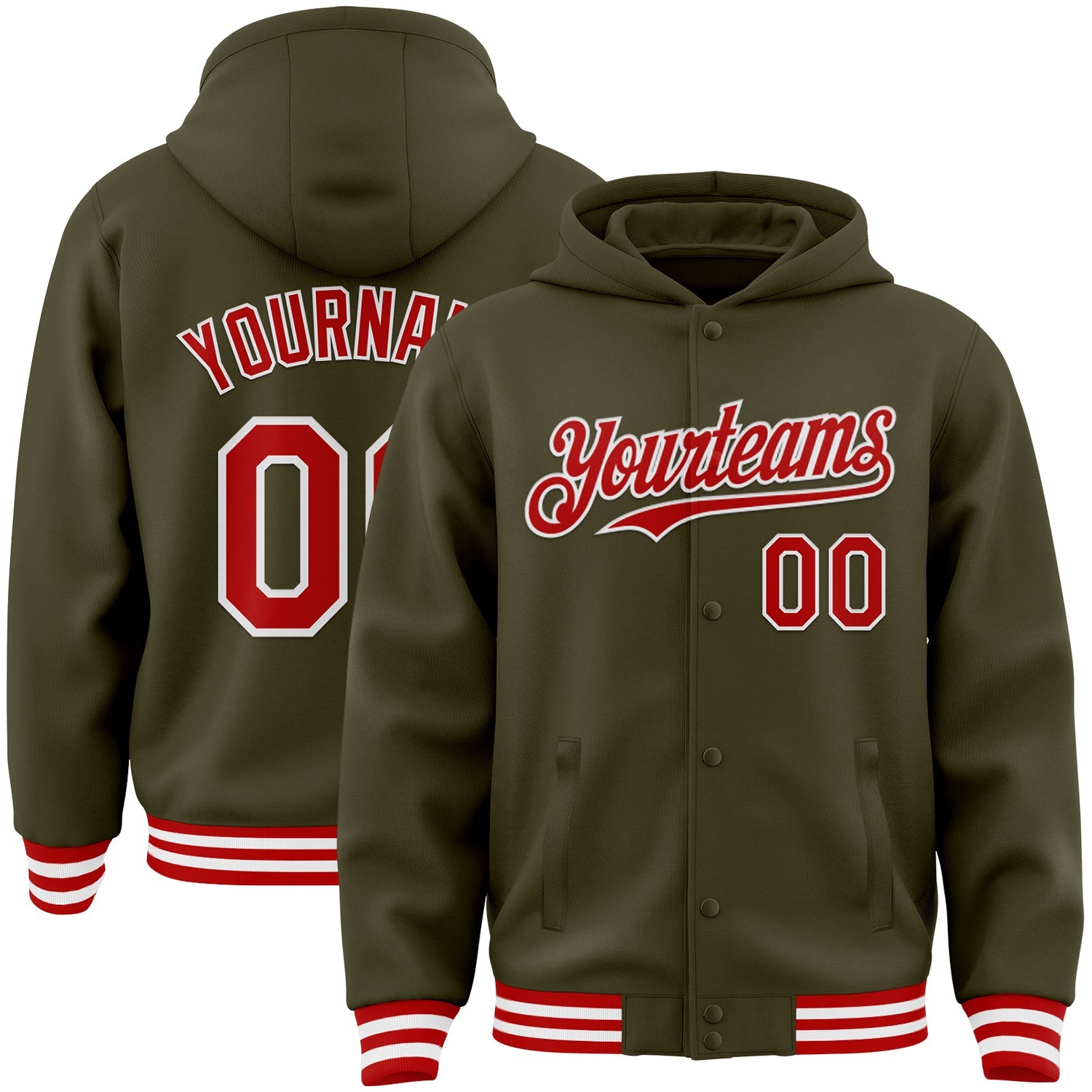 Custom Olive Red-White Bomber Full-Snap Varsity Letterman Salute To Service Hoodie Jacket - Main View