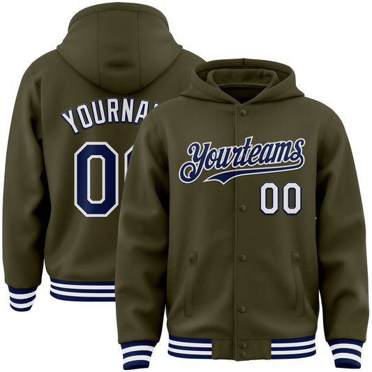 Custom Olive Navy-White Bomber Full-Snap Varsity Letterman Salute To Service Hoodie Jacket - Main View
