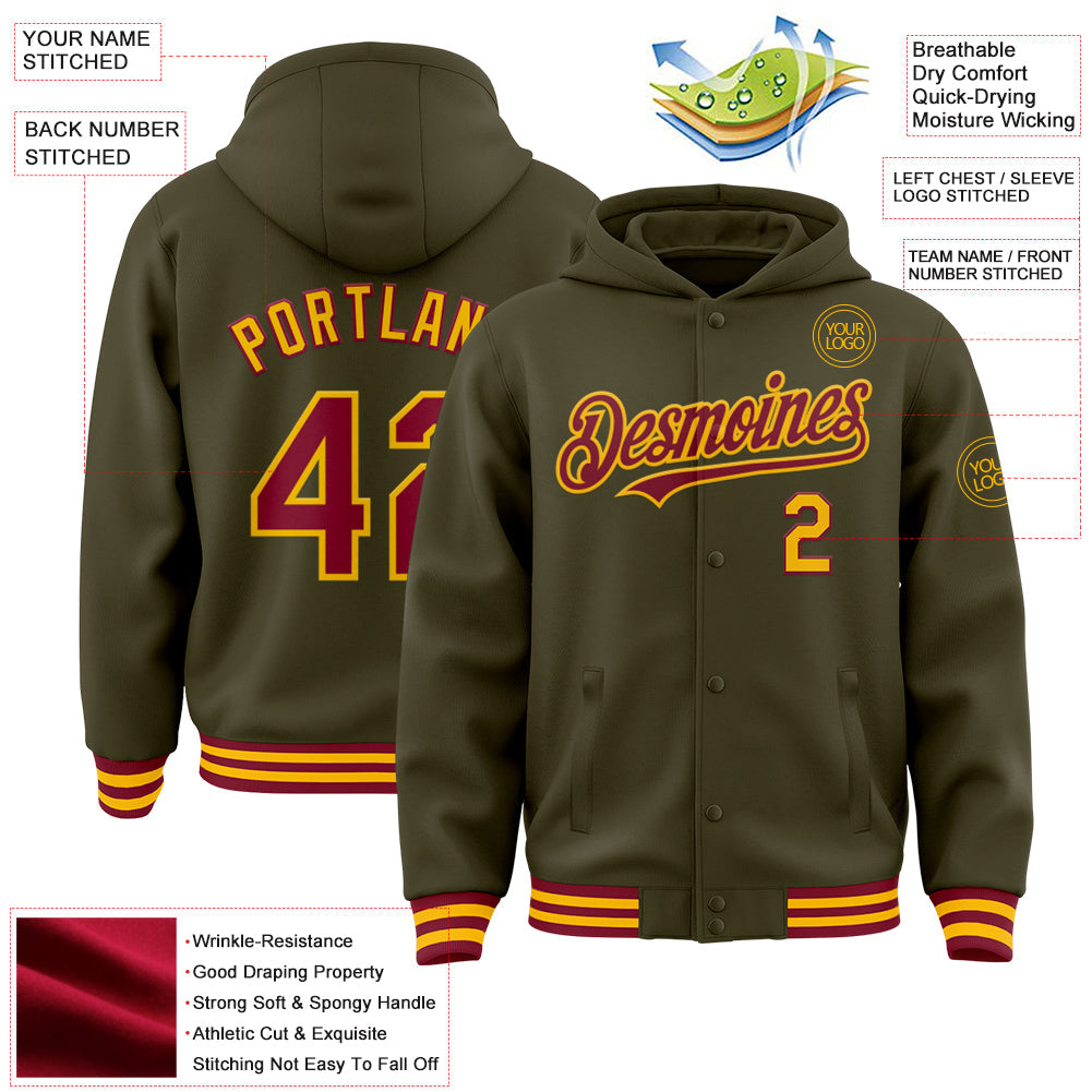 Custom Olive Crimson-Gold Bomber Full-Snap Varsity Letterman Salute To Service Hoodie Jacket view 3