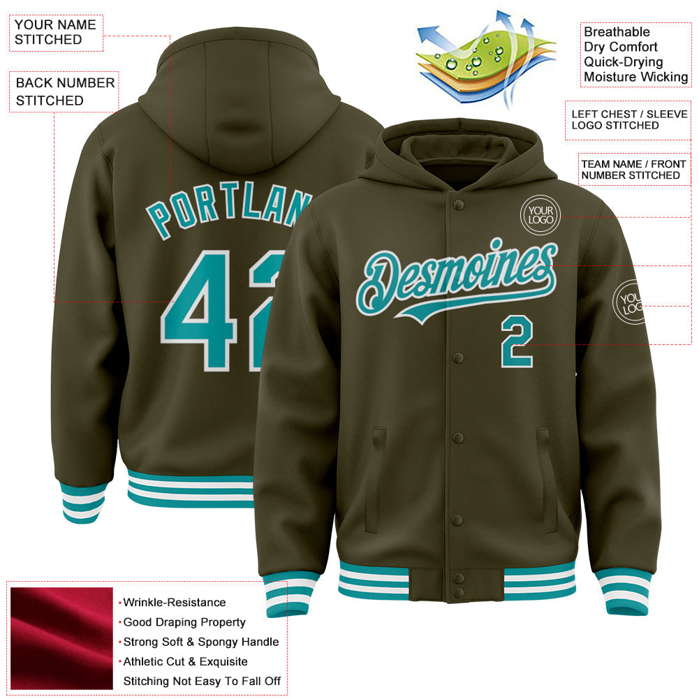 Custom Olive Teal-White Bomber Full-Snap Varsity Letterman Salute To Service Hoodie Jacket view 3