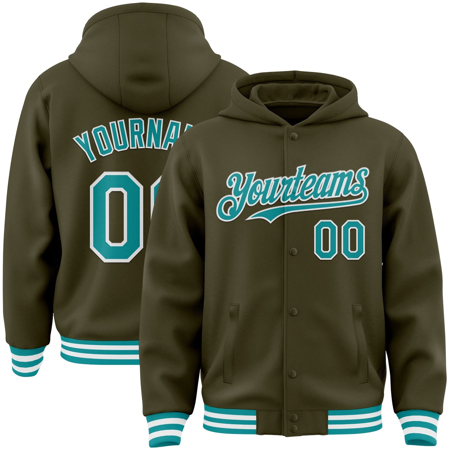Custom Olive Teal-White Bomber Full-Snap Varsity Letterman Salute To Service Hoodie Jacket - Main View
