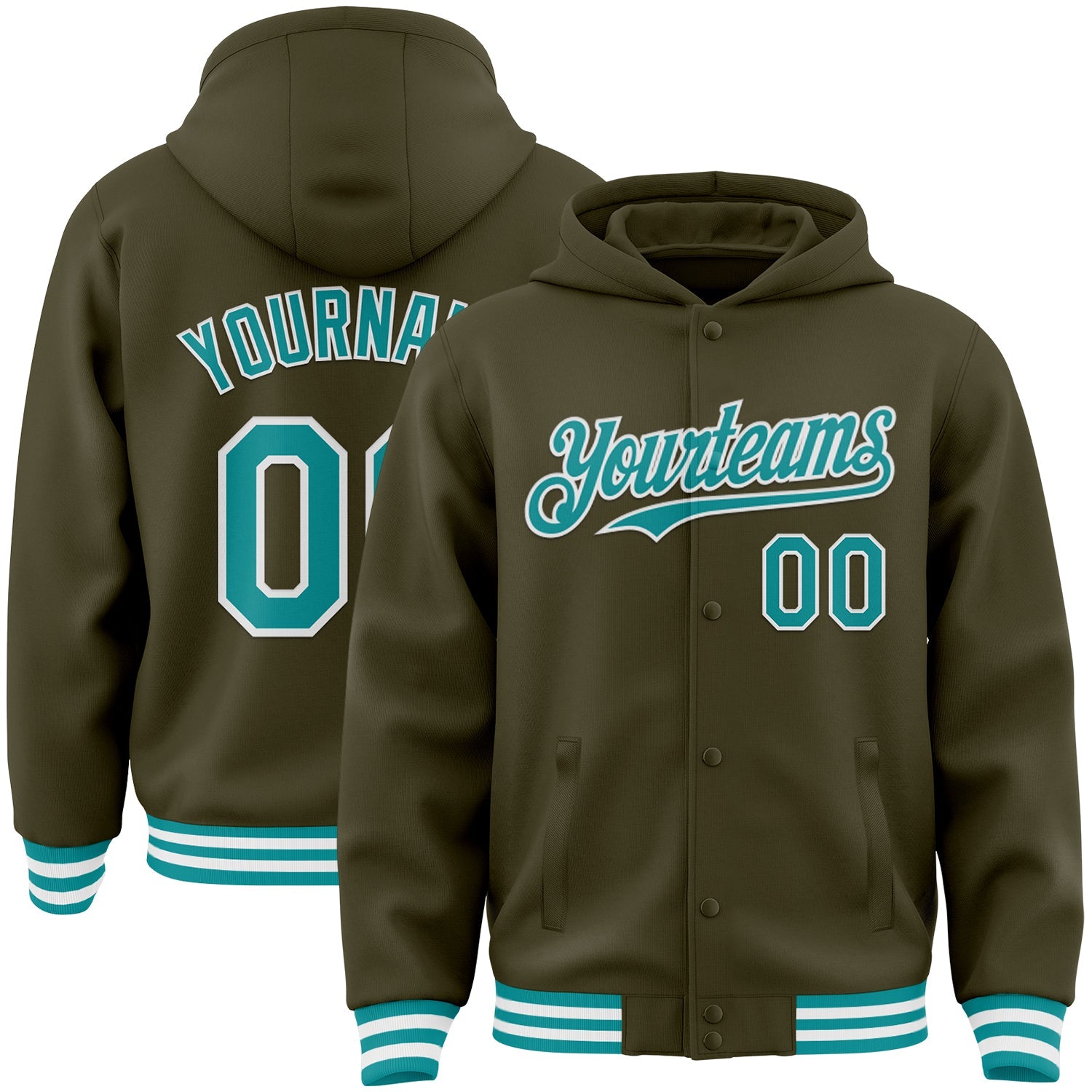 Custom Olive Teal-White Bomber Full-Snap Varsity Letterman Salute To Service Hoodie Jacket - Main View