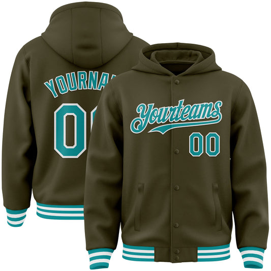 Custom Olive Teal-White Bomber Full-Snap Varsity Letterman Salute To Service Hoodie Jacket - Main View