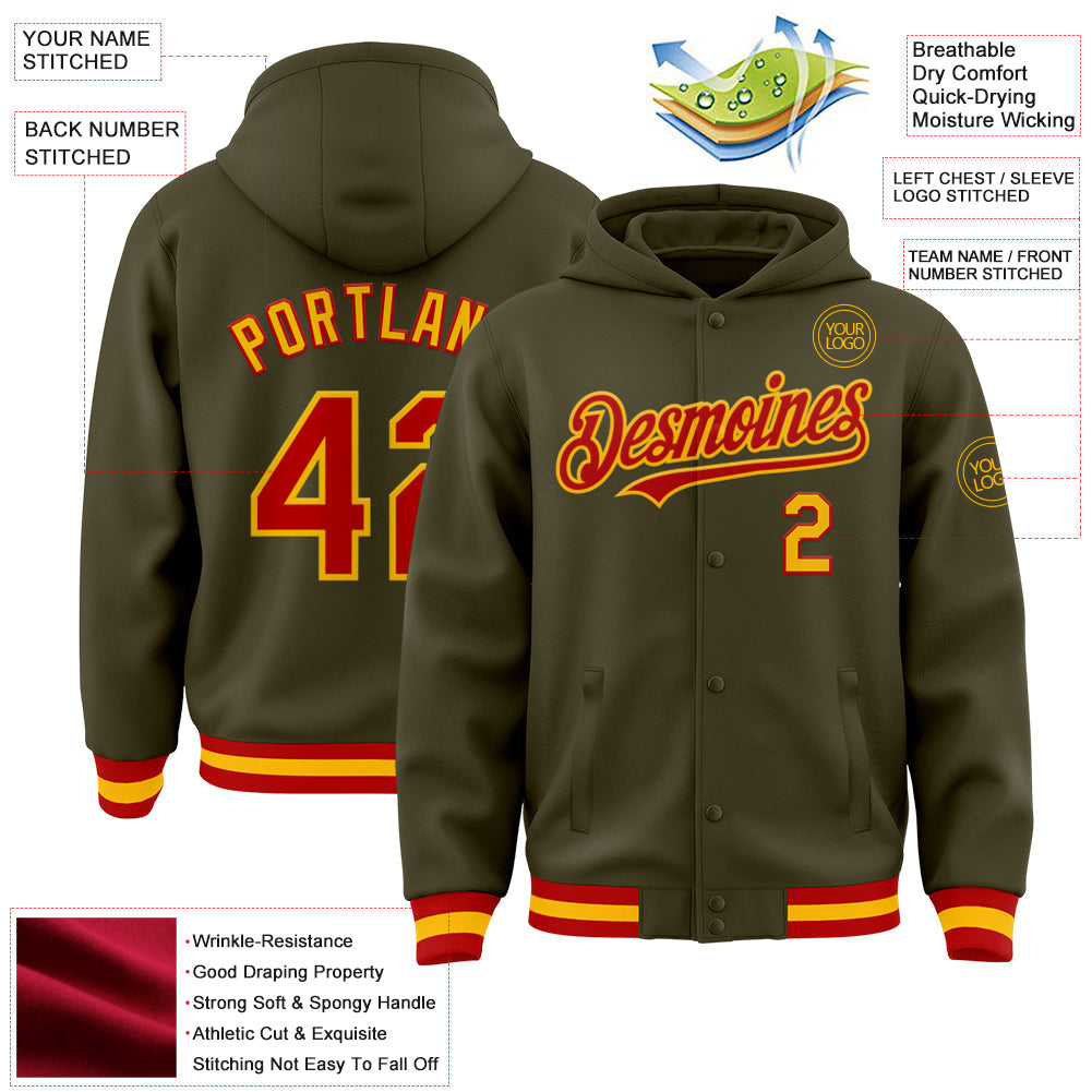 Custom Olive Red-Gold Bomber Full-Snap Varsity Letterman Salute To Service Hoodie Jacket view 3
