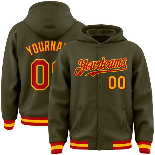 Custom Olive Red-Gold Bomber Full-Snap Varsity Letterman Salute To Service Hoodie Jacket - Main View