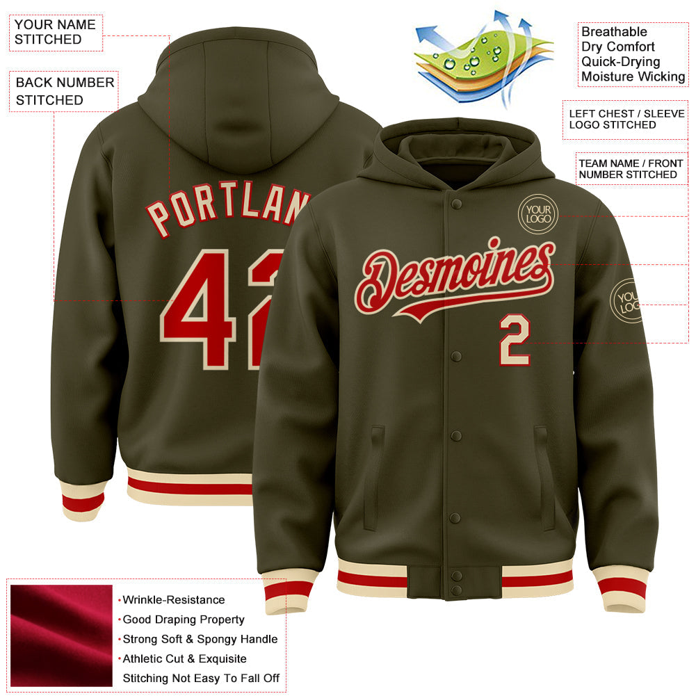 Custom Olive Red-Cream Bomber Full-Snap Varsity Letterman Salute To Service Hoodie Jacket view 3
