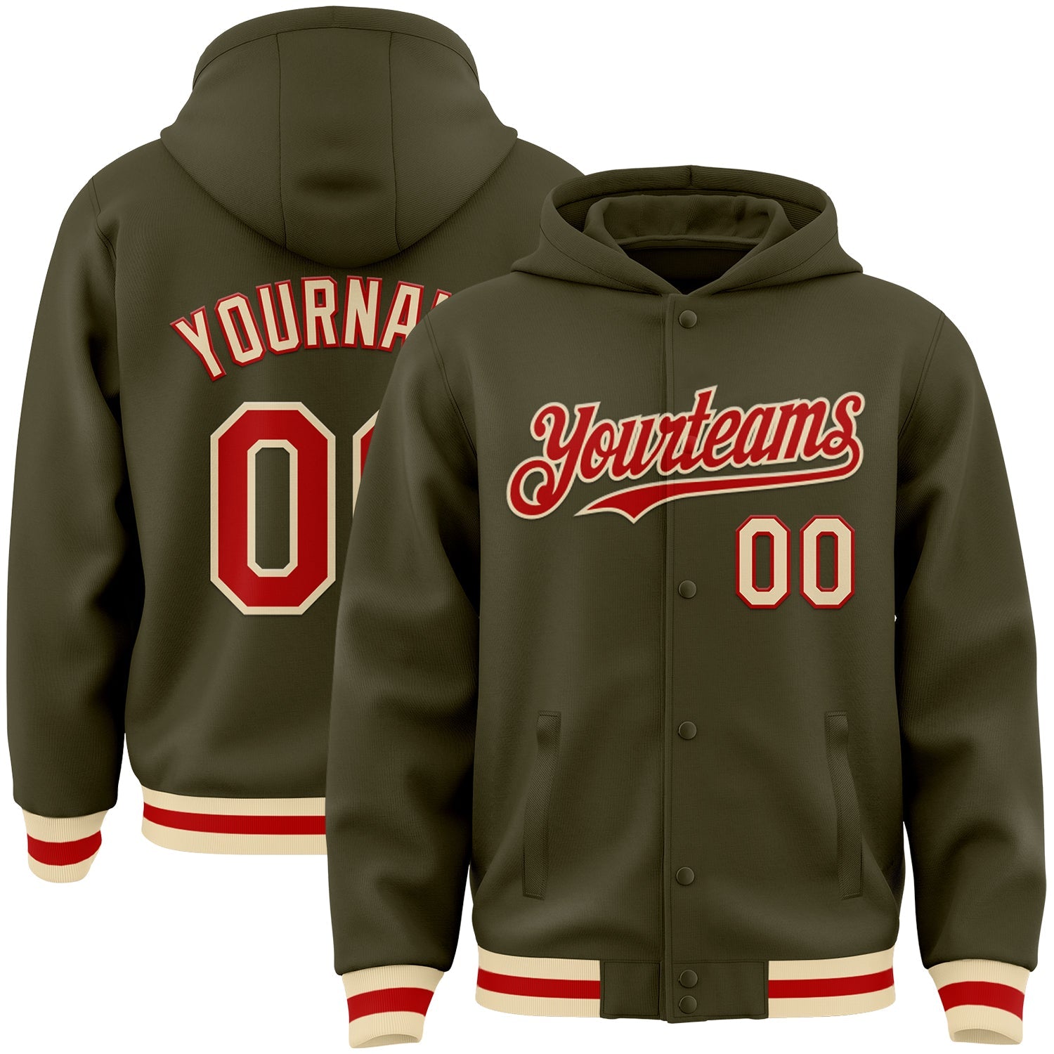 Custom Olive Red-Cream Bomber Full-Snap Varsity Letterman Salute To Service Hoodie Jacket - Main View