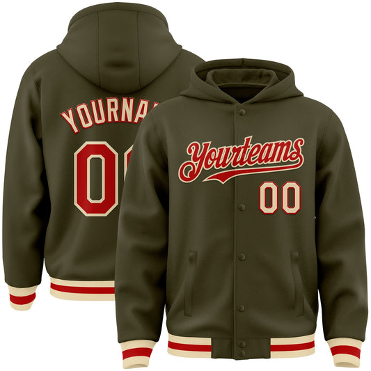 Custom Olive Red-Cream Bomber Full-Snap Varsity Letterman Salute To Service Hoodie Jacket - Main View
