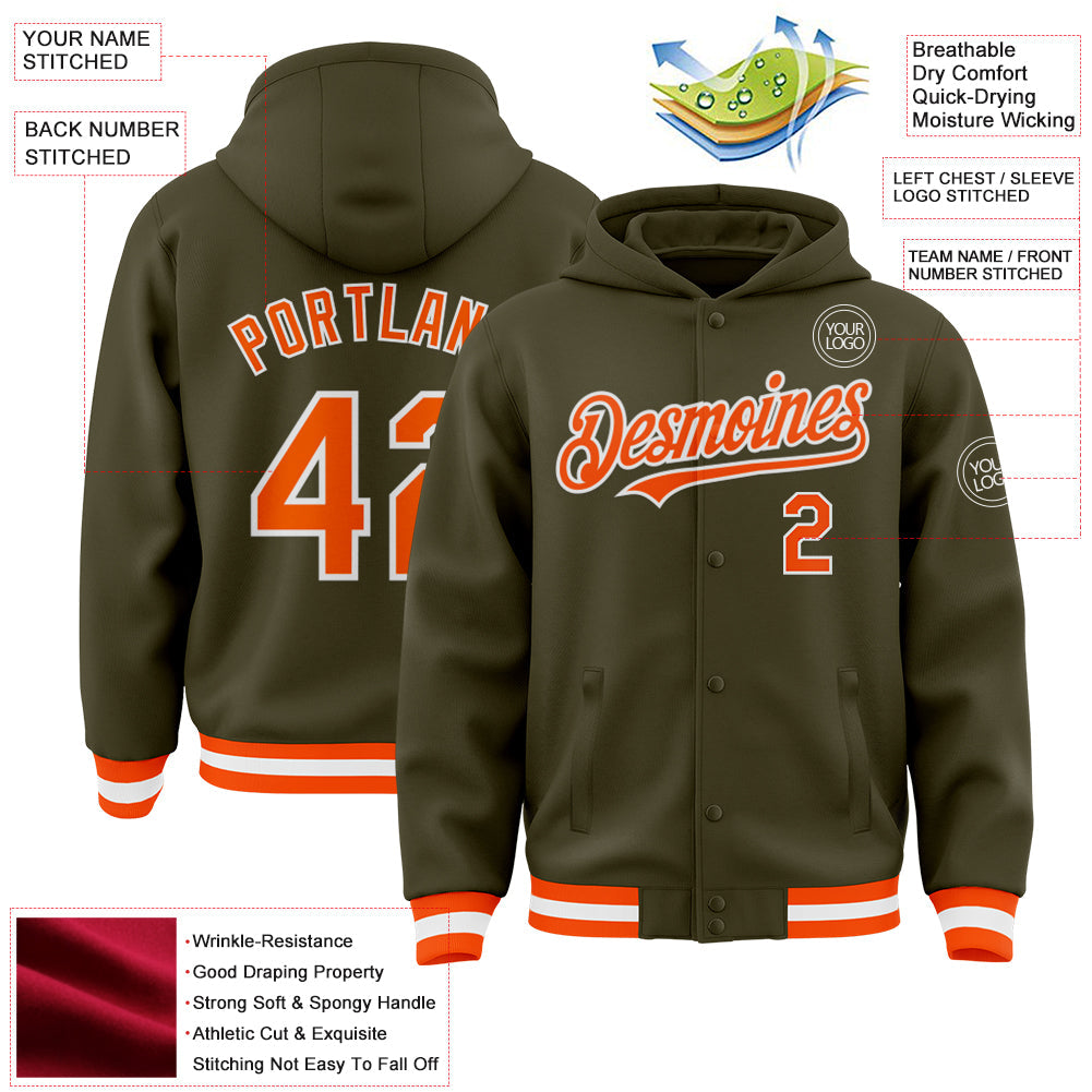 Custom Olive Orange-White Bomber Full-Snap Varsity Letterman Salute To Service Hoodie Jacket view 3