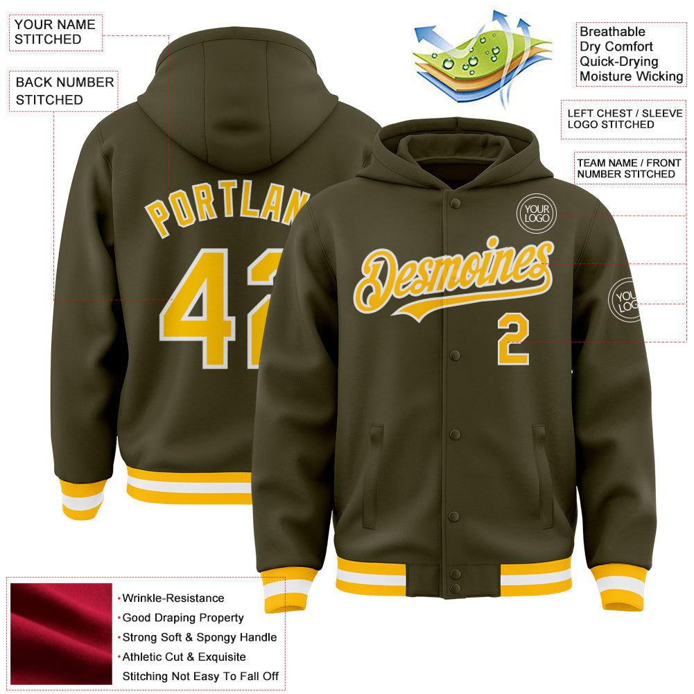 Custom Olive Gold-White Bomber Full-Snap Varsity Letterman Salute To Service Hoodie Jacket view 3
