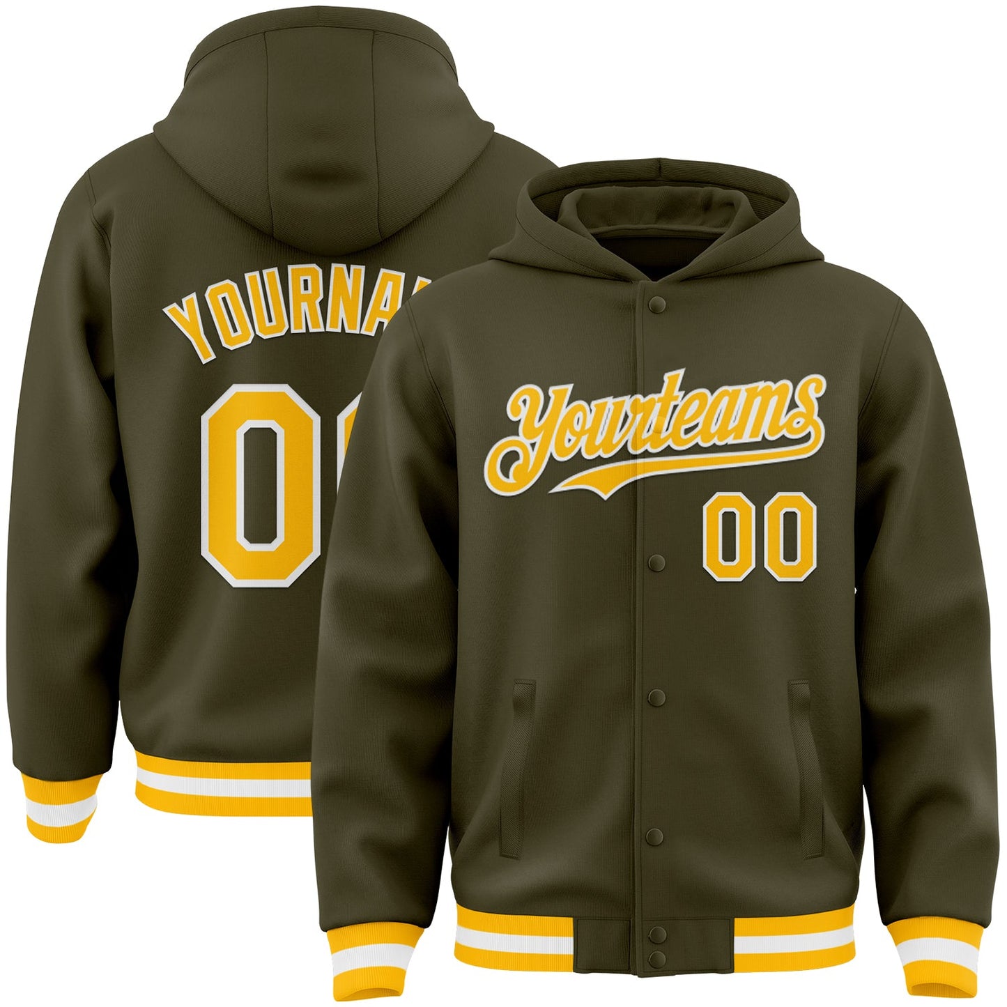 Custom Olive Gold-White Bomber Full-Snap Varsity Letterman Salute To Service Hoodie Jacket - Main View