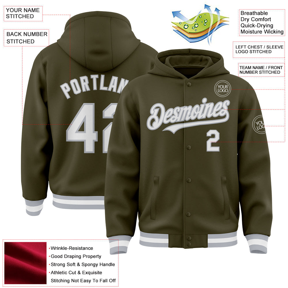 Custom Olive White-Gray Bomber Full-Snap Varsity Letterman Salute To Service Hoodie Jacket view 3