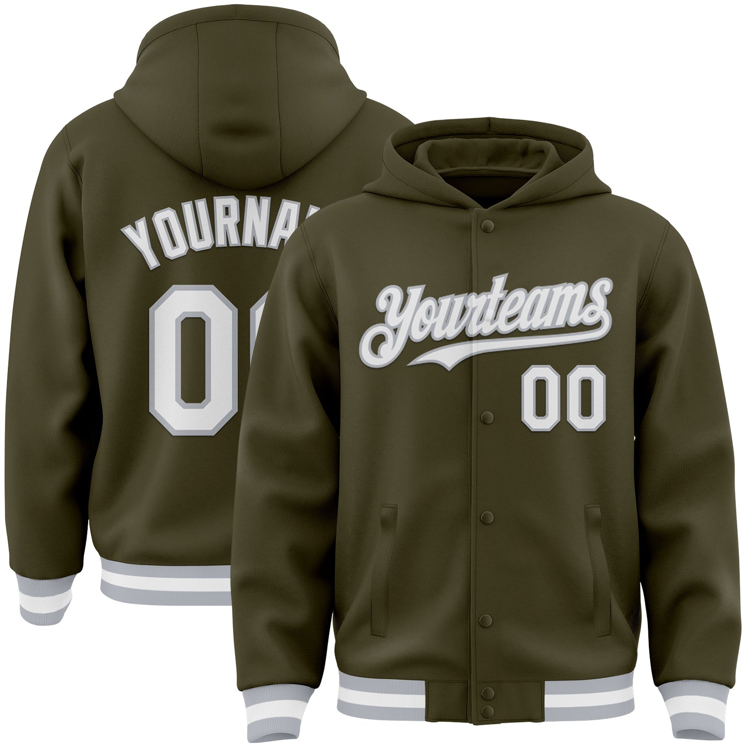 Custom Olive White-Gray Bomber Full-Snap Varsity Letterman Salute To Service Hoodie Jacket - Main View