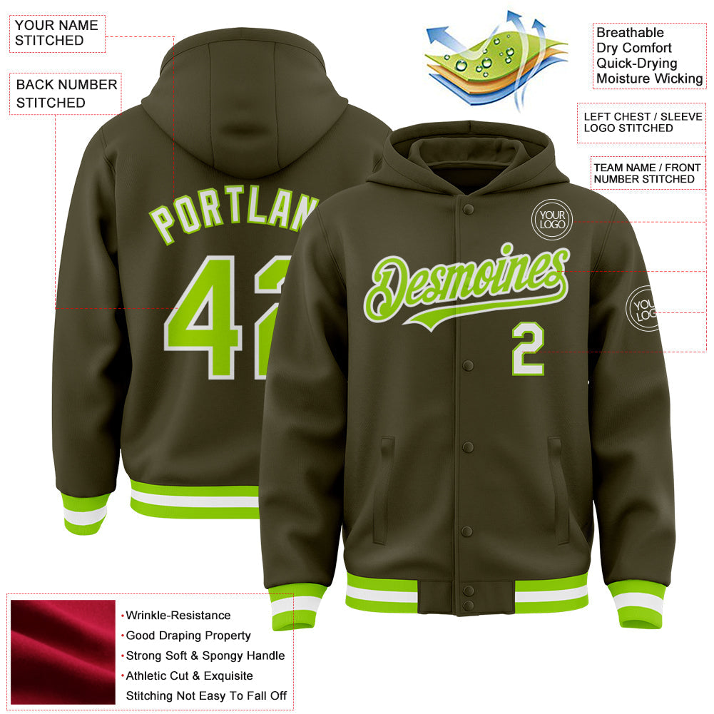 Custom Olive Neon Green-White Bomber Full-Snap Varsity Letterman Salute To Service Hoodie Jacket view 3