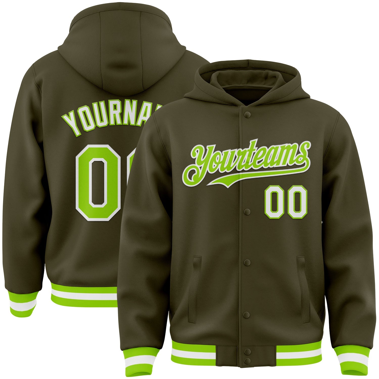 Custom Olive Neon Green-White Bomber Full-Snap Varsity Letterman Salute To Service Hoodie Jacket - Main View