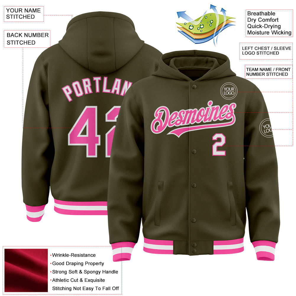 Custom Olive Pink-White Bomber Full-Snap Varsity Letterman Salute To Service Hoodie Jacket view 3