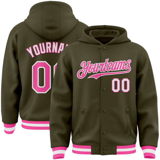 Custom Olive Pink-White Bomber Full-Snap Varsity Letterman Salute To Service Hoodie Jacket - Main View