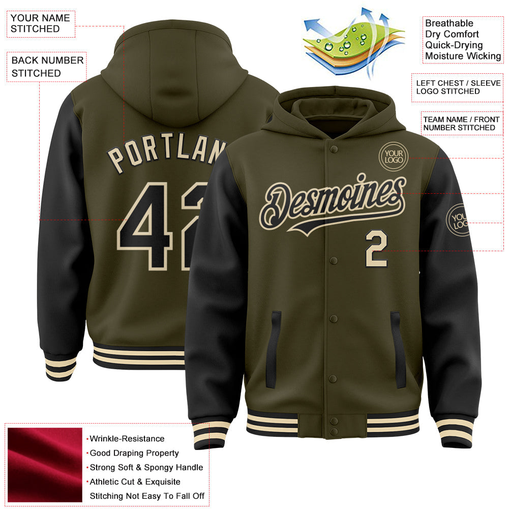 Custom Olive Black-Cream Bomber Full-Snap Varsity Letterman Two Tone Salute To Service Hoodie Jacket view 3