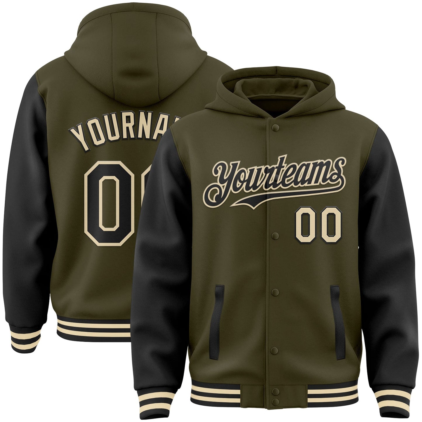 Custom Olive Black-Cream Bomber Full-Snap Varsity Letterman Two Tone Salute To Service Hoodie Jacket - Main View