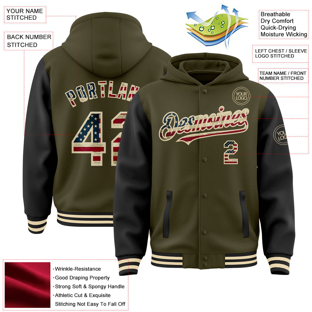 Custom Olive Vintage USA Flag Cream-Black Bomber Full-Snap Varsity Letterman Two Tone Salute To Service Hoodie Jacket view 3