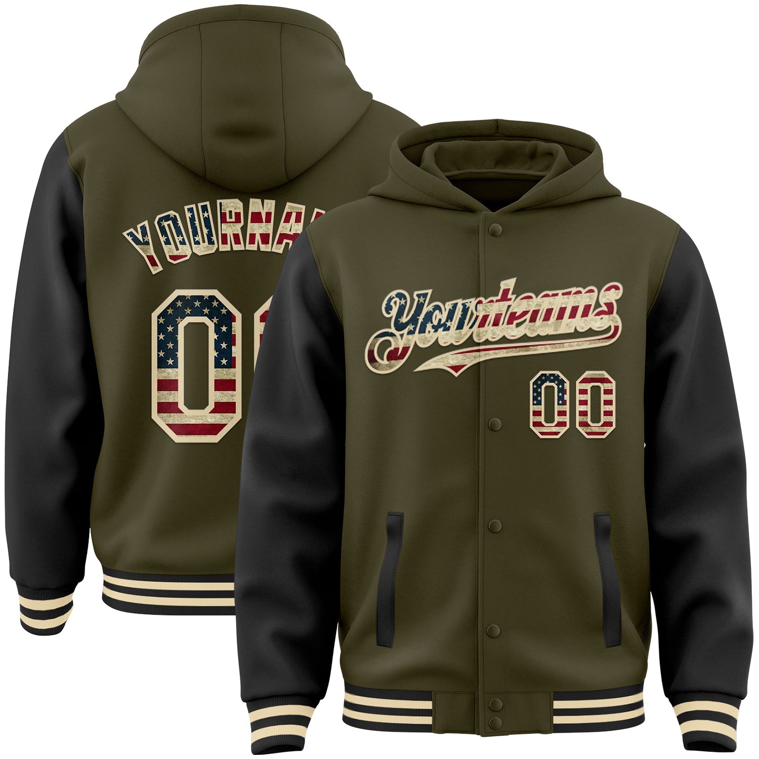Custom Olive Vintage USA Flag Cream-Black Bomber Full-Snap Varsity Letterman Two Tone Salute To Service Hoodie Jacket - Main View