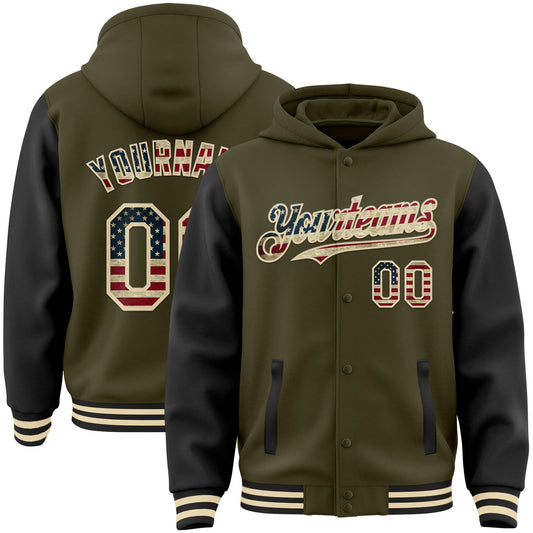 Custom Olive Vintage USA Flag Cream-Black Bomber Full-Snap Varsity Letterman Two Tone Salute To Service Hoodie Jacket - Main View