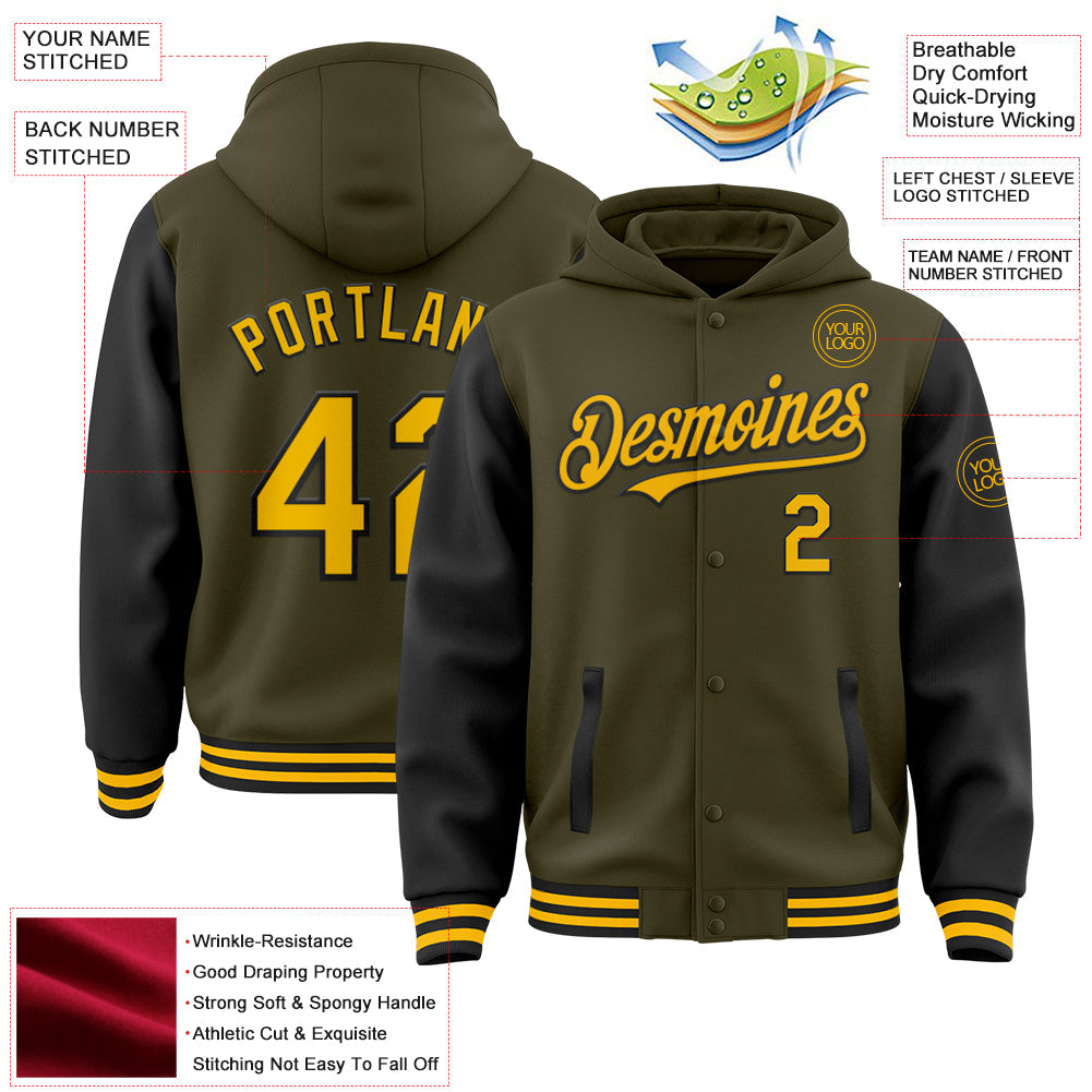 Custom Olive Gold-Black Bomber Full-Snap Varsity Letterman Two Tone Salute To Service Hoodie Jacket view 3