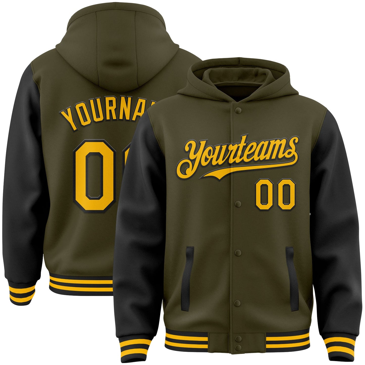 Custom Olive Gold-Black Bomber Full-Snap Varsity Letterman Two Tone Salute To Service Hoodie Jacket - Main View