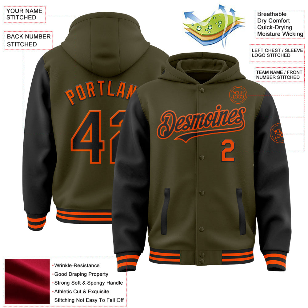 Custom Olive Black-Orange Bomber Full-Snap Varsity Letterman Two Tone Salute To Service Hoodie Jacket view 3