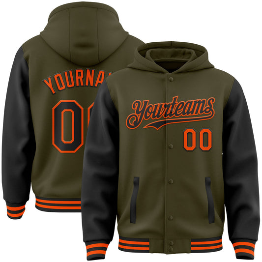 Custom Olive Black-Orange Bomber Full-Snap Varsity Letterman Two Tone Salute To Service Hoodie Jacket - Main View
