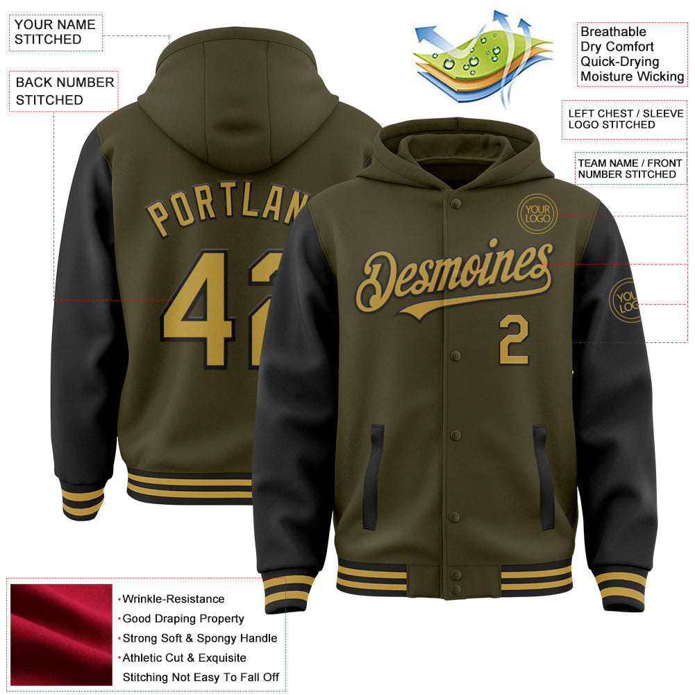 Custom Olive Old Gold-Black Bomber Full-Snap Varsity Letterman Two Tone Salute To Service Hoodie Jacket view 3