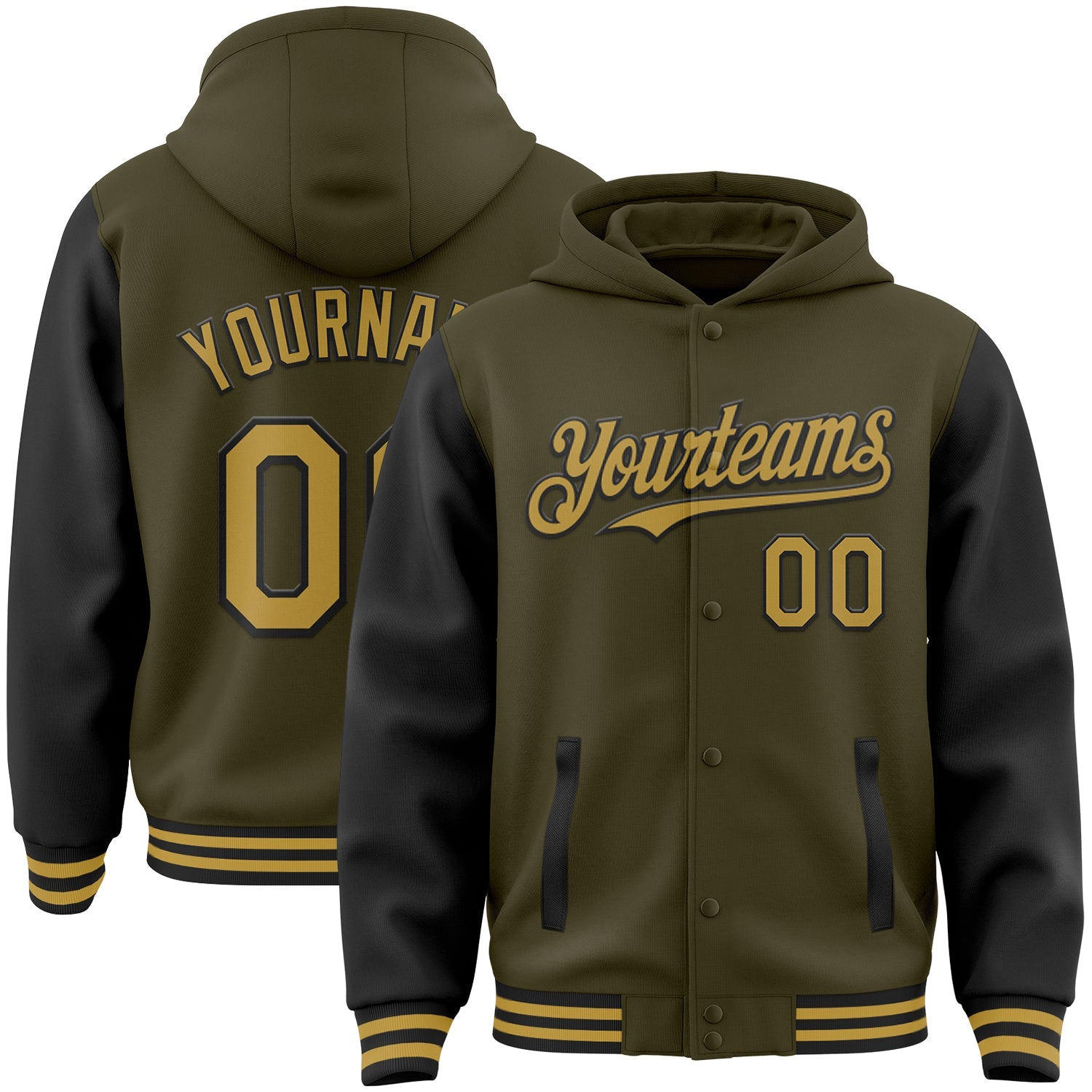 Custom Olive Old Gold-Black Bomber Full-Snap Varsity Letterman Two Tone Salute To Service Hoodie Jacket - Main View