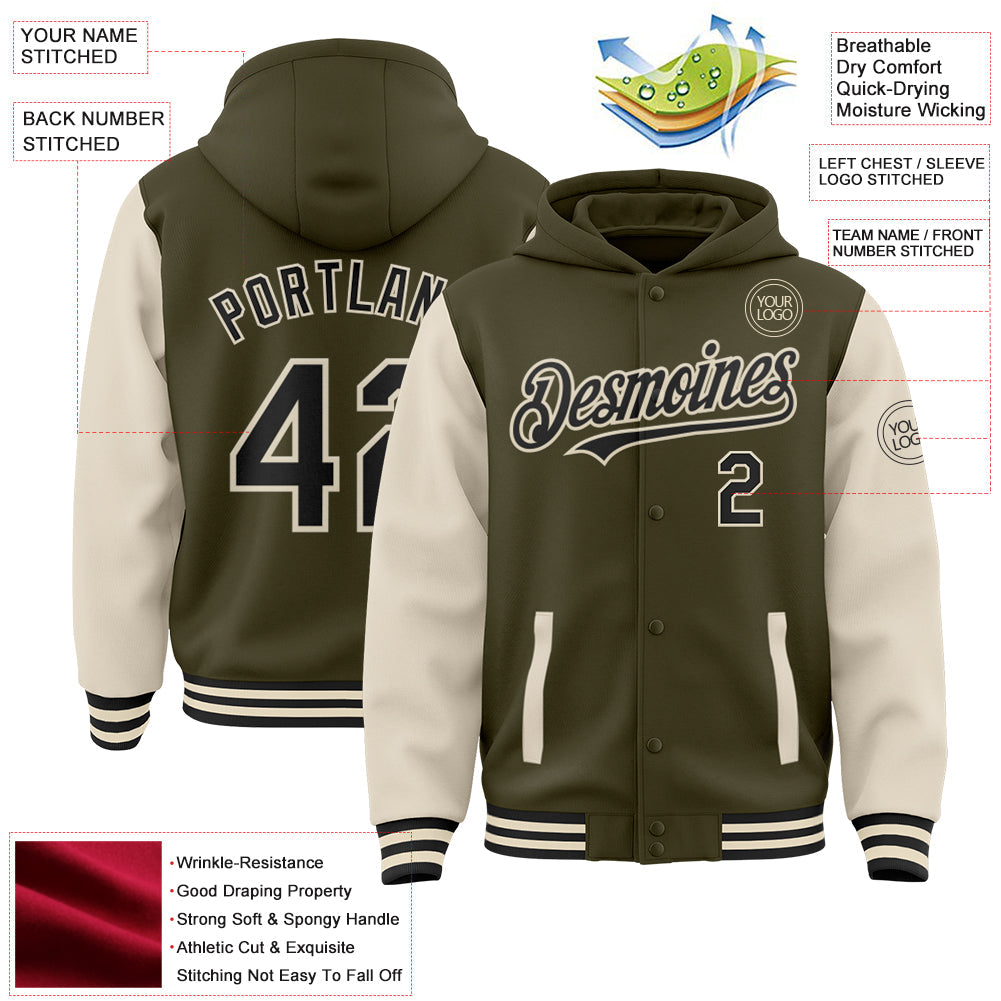 Custom Olive Black-Cream Bomber Full-Snap Varsity Letterman Two Tone Salute To Service Hoodie Jacket view 3