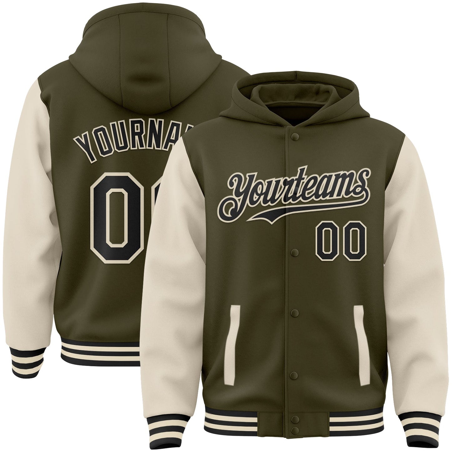 Custom Olive Black-Cream Bomber Full-Snap Varsity Letterman Two Tone Salute To Service Hoodie Jacket - Main View