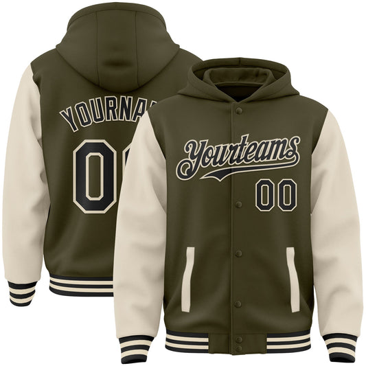 Custom Olive Black-Cream Bomber Full-Snap Varsity Letterman Two Tone Salute To Service Hoodie Jacket - Main View