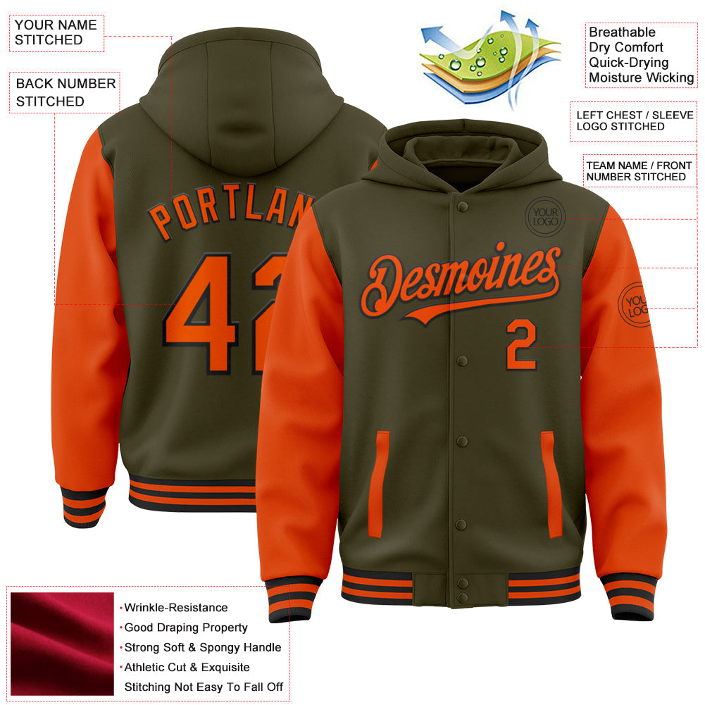 Custom Olive Orange-Black Bomber Full-Snap Varsity Letterman Two Tone Salute To Service Hoodie Jacket view 3