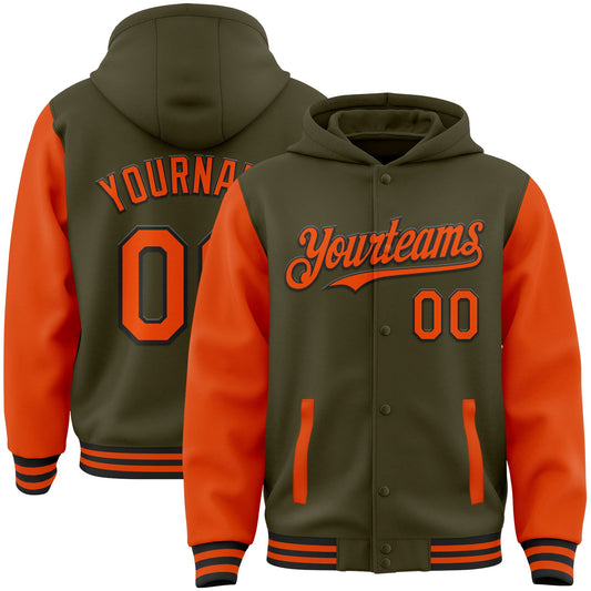 Custom Olive Orange-Black Bomber Full-Snap Varsity Letterman Two Tone Salute To Service Hoodie Jacket - Main View