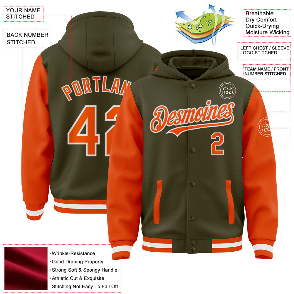 Custom Olive Orange-White Bomber Full-Snap Varsity Letterman Two Tone Salute To Service Hoodie Jacket view 3