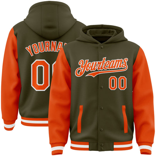 Custom Olive Orange-White Bomber Full-Snap Varsity Letterman Two Tone Salute To Service Hoodie Jacket - Main View