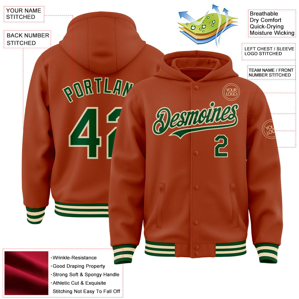 Custom Texas Orange Green-Cream Bomber Full-Snap Varsity Letterman Hoodie Jacket view 3