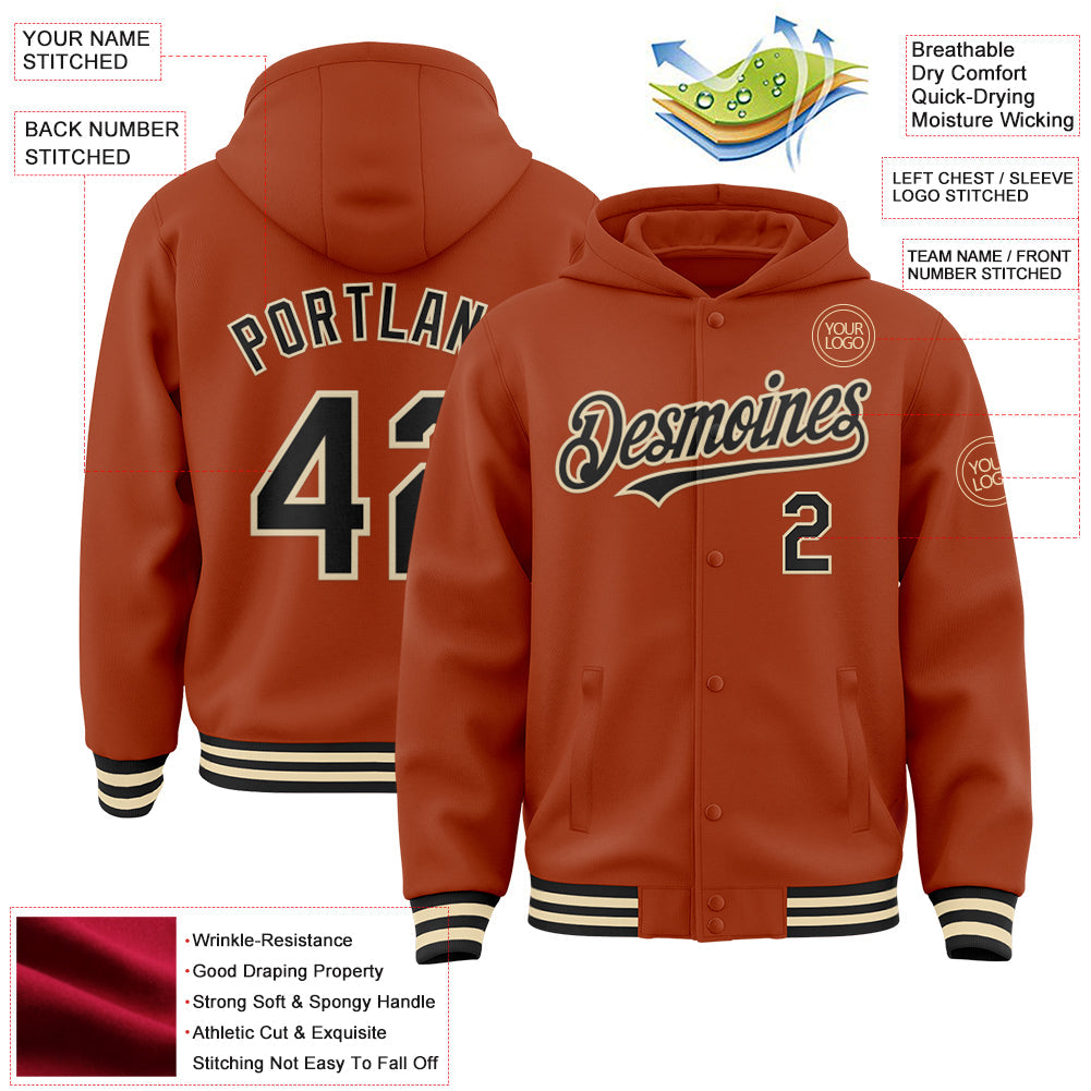 Custom Texas Orange Black-Cream Bomber Full-Snap Varsity Letterman Hoodie Jacket view 3
