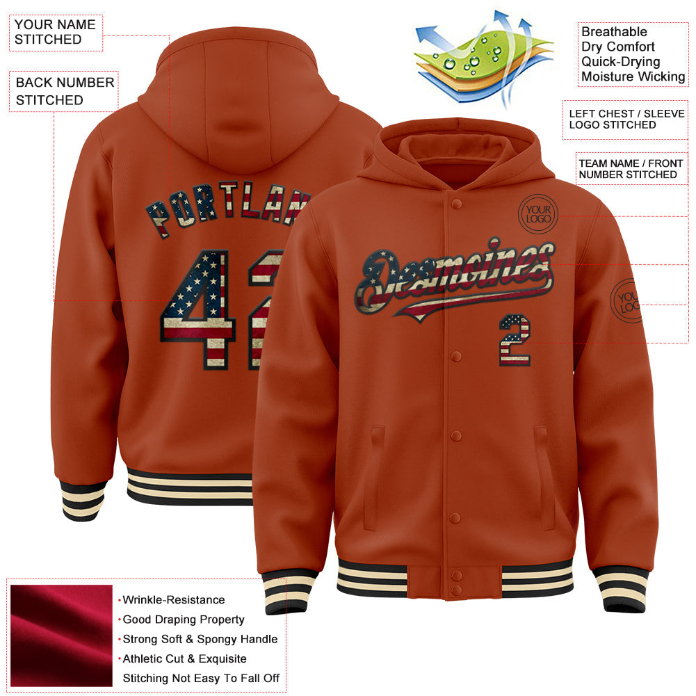 Custom Texas Orange Vintage USA Flag Black-Cream Bomber Full-Snap Varsity Letterman Hoodie Jacket view 3