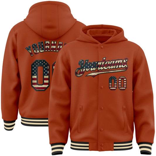 Custom Texas Orange Vintage USA Flag Black-Cream Bomber Full-Snap Varsity Letterman Hoodie Jacket - Main View